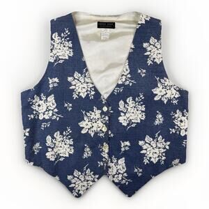 Vintage Saddle River Floral Vest Womens M Blue White Cotton USA Lined Bow Back